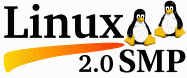 [`Linux 2.0 SMP,' swoosh and dual 200MHz penguins]