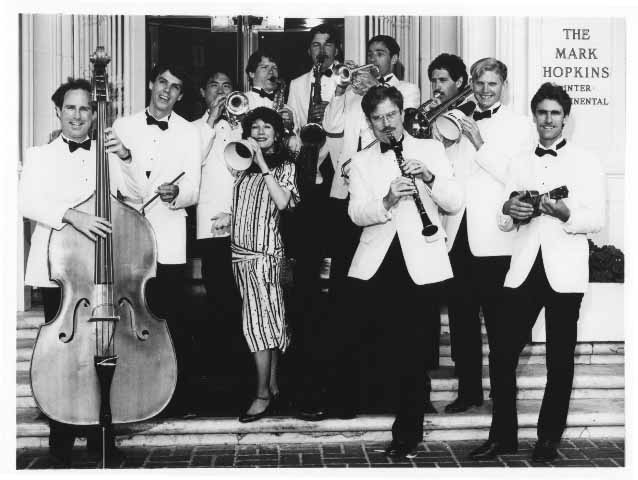 Royal Society Jazz Orchestra posing on the steps of the Hotel Mark Hopkins, San Francisco