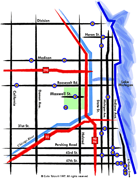 Map of Chicago showing places related to the people mentioned on this Web site