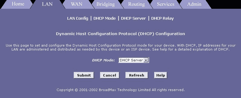 Broadmax LAN DHCP Mode Menu