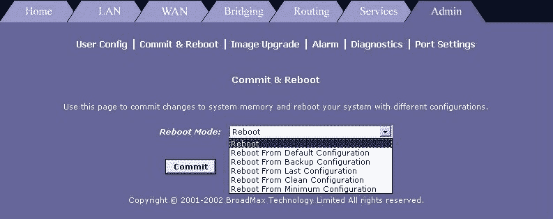 Broadmax Admin Tab - Commit & Reboot Menu