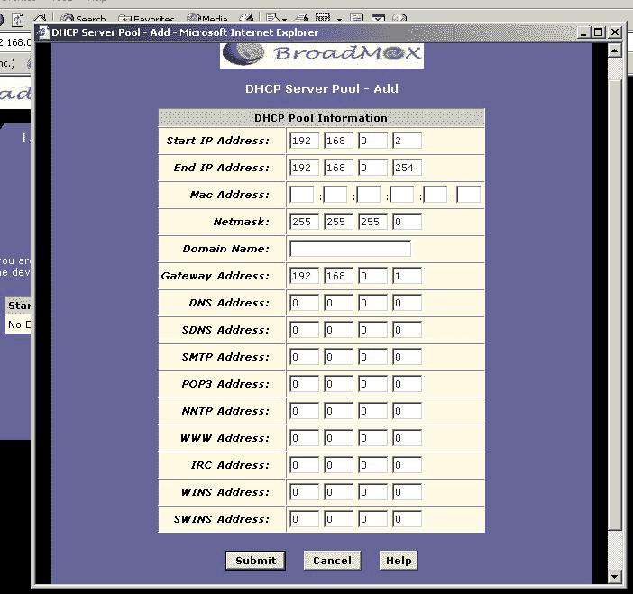 Broadmax DHCP Sever Pool - Add Menu