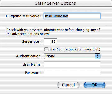 SMTP Server Options screen