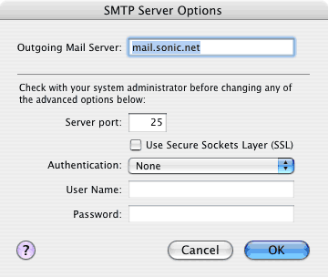 SMTP Server Options screen