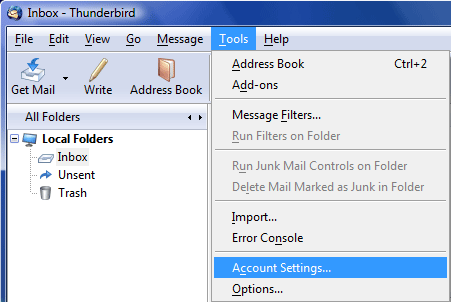 Tools -> Account Settings Tools -> Account Settings