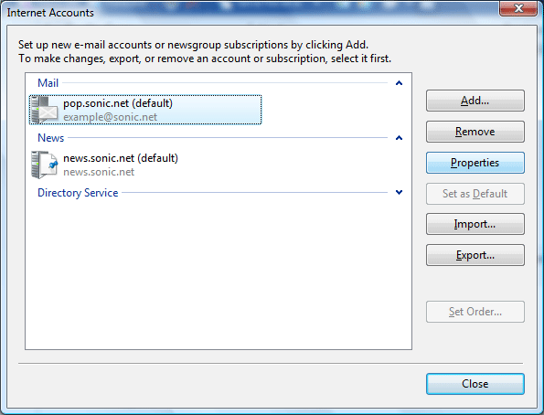 Select your pop.sonic.net mail account