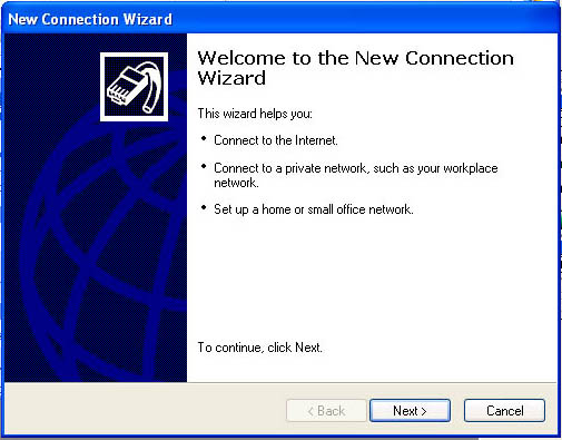 first page of the connection wizard