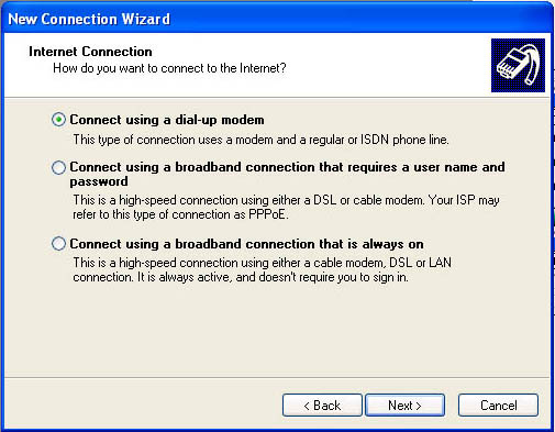 Connect using a dialup-up modem