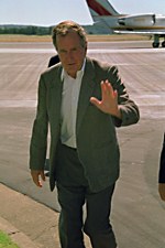 Former United States President George Bush is seen en route to the Bohemian Grove on July 22, 1993. Bush belongs to the Grove's 