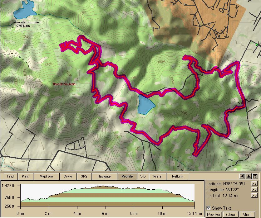Schultz Trail to Ridge Trail to Marsh Trail to Lawndale Trail.  This is in Annadel State Park, Santa Rosa, Sonama County, northern California.