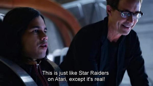 Screenshot from 'DC's Legends of Tomorrow' TV show (2017), referencing Atari's 'Star Raiders' game (1979)