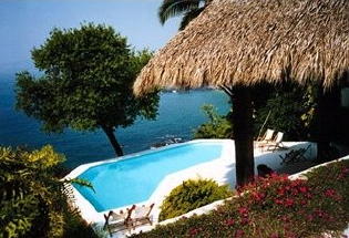 Large pool terrace with palapa.