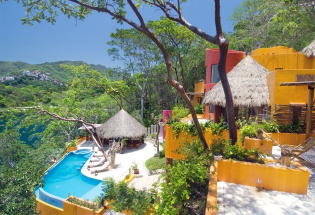 Looking down on Palapa covered terrace and pool.