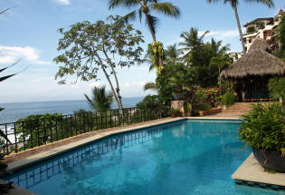 Pool with terrace and palapa covered dining and bar.