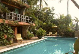 Large swimming pool and terrace with view of Banderas Bay.