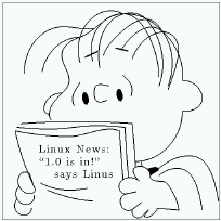[Linus reading paper: ``Linux News: `1.0 is in!' says Linus'']