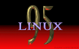 [ray-traced `Linux' in front of large `95' on red and black background]