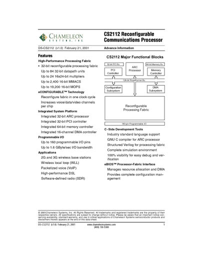 Chameleon CS2112 Reconfigurable Communications Processor Data Sheet