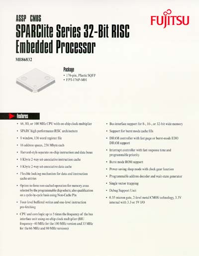 Fujitsu SPARClite MB86832 Embedded Processor Data Sheet