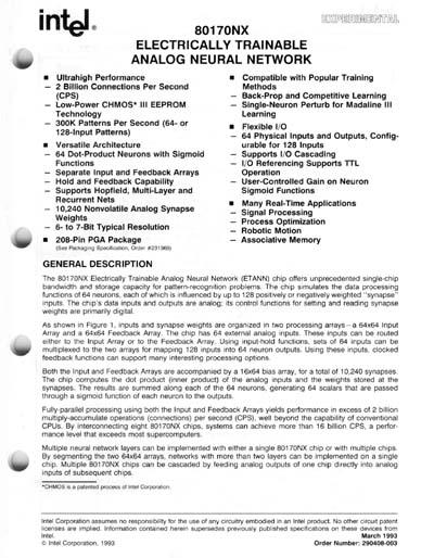 Intel 80170NX Electrically Trainable Neural Network Data Sheet