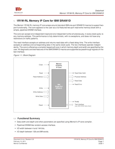 Memoir 1R1W-RL Memory IP Core for SRAM Datasheet