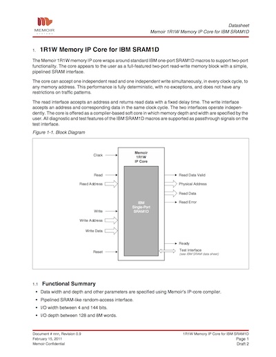 Memoir 1R1W Memory IP Core for SRAM Datasheet