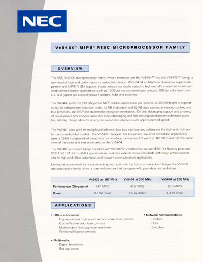 NEC VR5400 MIPS Processor Product Brief