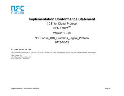 NFC Forum
ICS Proforma Digital Protocol