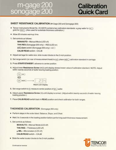 KLA-Tencor M-Gage 200 and Sonogage 200 Calibration Quick Card