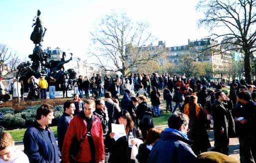 picture of crowds gathering in place de la nation for a 
				peace rally in paris