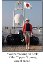 Yvonne Horn, Travel Writer, walking on the deck of the Clipper Odyssey. Sea of Japan